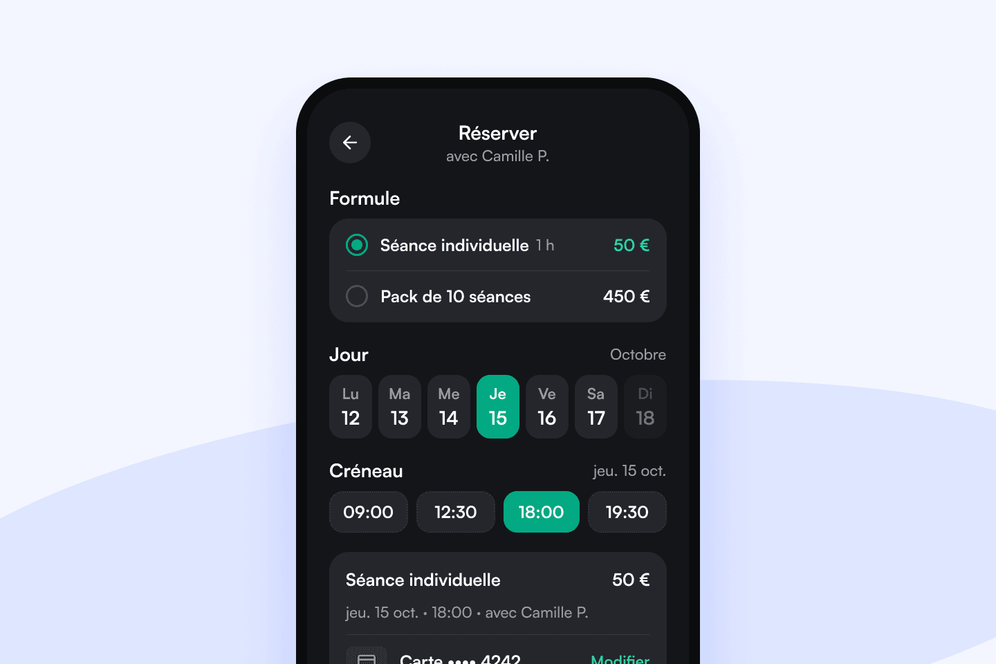 Coachly app: booking a one-to-one session with Camille P., picking the day and slot, card payment, then « C’est réservé, added to your calendar ».