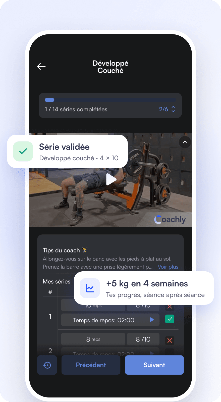 The Coachly app for athletes: today’s session with the bench press video, the coach’s tips and the sets to tick off, “Set done” and “+5 kg in 4 weeks”.
